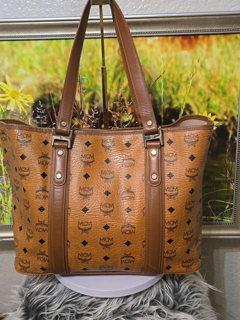 MCM Cognac Brown Monogram Tote with Black Accents